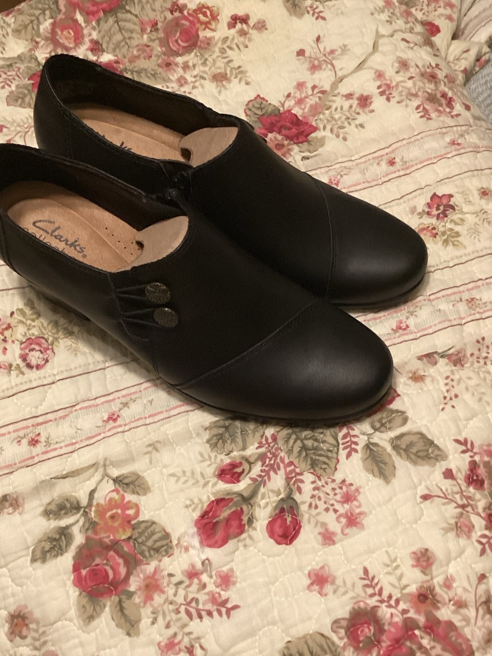 Clarks Black Leather Slip-On Loafer/ Heels with Decorative Buttons